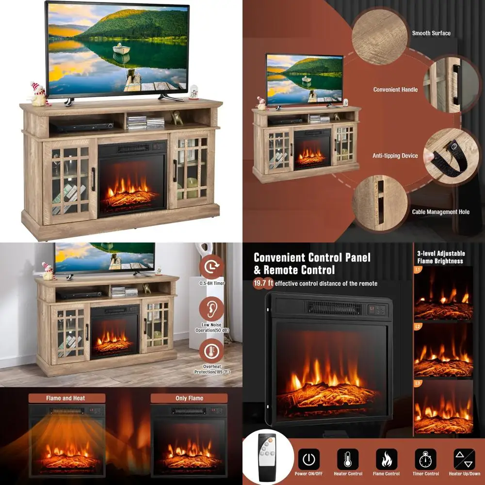 

55 Electric Fireplace TV Stand, Freestanding Wood Media Center, 48 TV Capacity, Modern Entertainment Unit