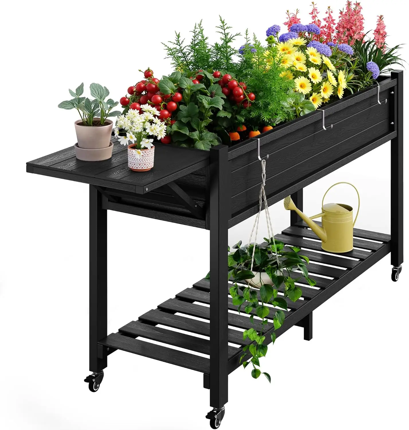 

Высокая грядка для сада на колесах с полкой для хранения: 57x18x30 дюймов, грузоподъемность 400 фунтов, водонепроницаемая, для патио/террасы