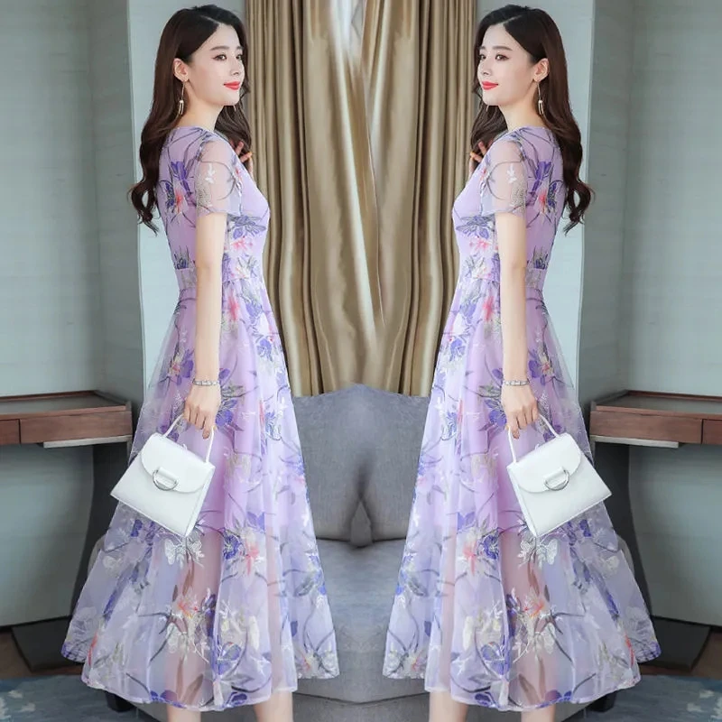 

Korean Female Chiffon Short Sleeved Dress Summer Women V-neck Mid Length Version Dresse Lady Fashion Versatile Splicing Vestidos