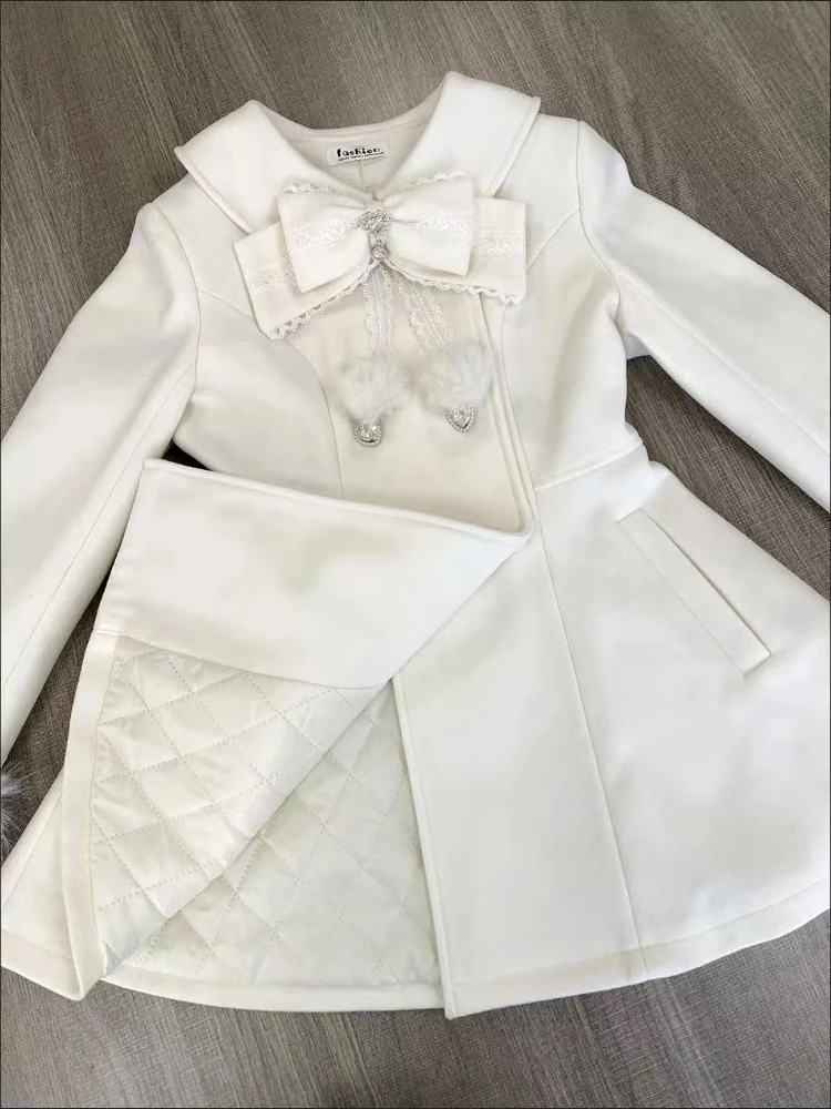 Japanese Autumn Winter Elegant Kawaii Coat Women Faux Fur Collar Long Sleeve Tops Casual Lolita Bow Button Warm Sweet Jacket New