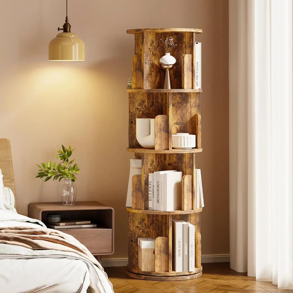 

360° Display 4-Tier Corner Bookshelf, Floor Standing Bookcase for Small Spaces, Wood Organizer for Bedroom