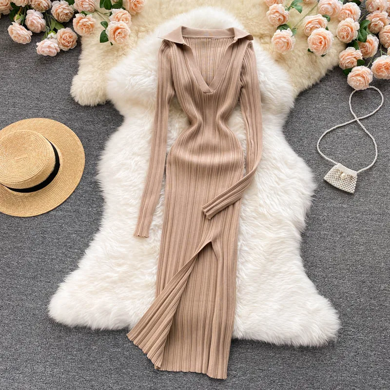 YuooMuoo Autumn Winter Knit Rib Wrap Midi Pencil Dress for Women Streetwear Korean Long Sleeve Bodycon Split Sweater Party Dress