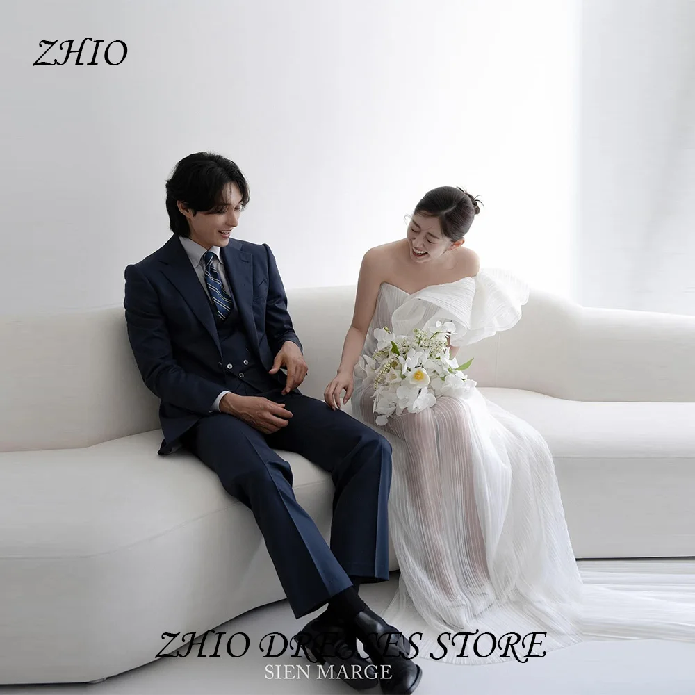 ZHIO Modern Minimalist Off-Shoulder Strapless Wedding Dress Photo Shoot Floor Length Pleated Tulle Bridal Dress Customized