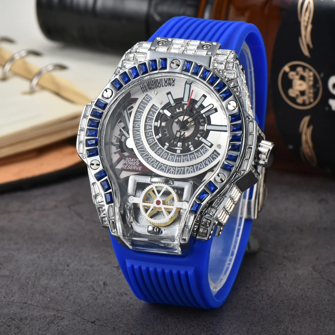 Full diamond Case Business Luxury Top Mens Watches Rubber Strap Color Style Quartz Watch Men AAA Clocks Relogio Masculino