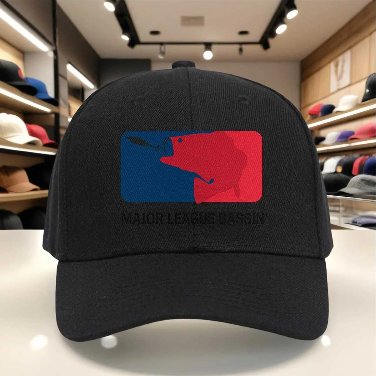 Major League Bassin' Baseball Cap with Red & Blue Fish Logo, Adjustable Hook-and-Loop Closure, Soft Comfortable Fishing Hat Suit