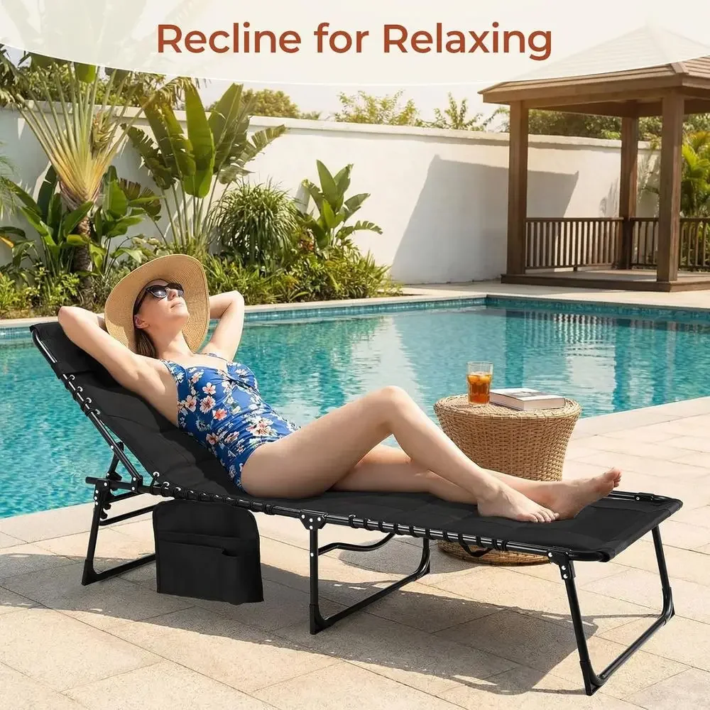 Adjustable 5-Position Outdoor Reclining Lounge Chair with Pillow and Side Pocket, Ideal for Beach or Pool (Black)
