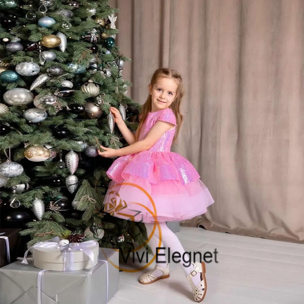 Pink Scoop Knee Length Flower Girl Dresses Summer Tiered Zipper Back Winter Christmas Gown for Princess فساتين بنات صغار