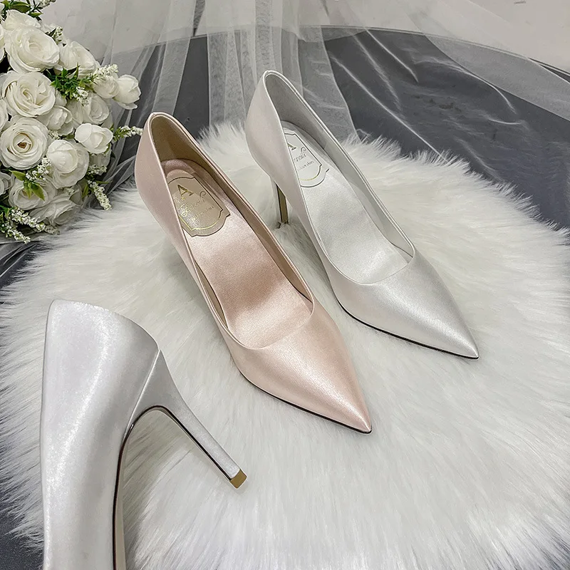 Wedding Dress Wedding Shoes White High Heels Women\'s Stiletto Satin Dresses Single Shoes Champagne Bridesmaid Shoes