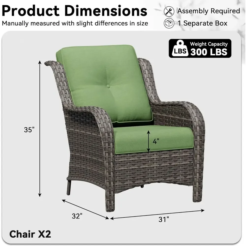 2-Piece Outdoor Wicker Patio Chair Set with Plush Olefin Cushions, High Back and Deep Seating, Curved Armrests, Green