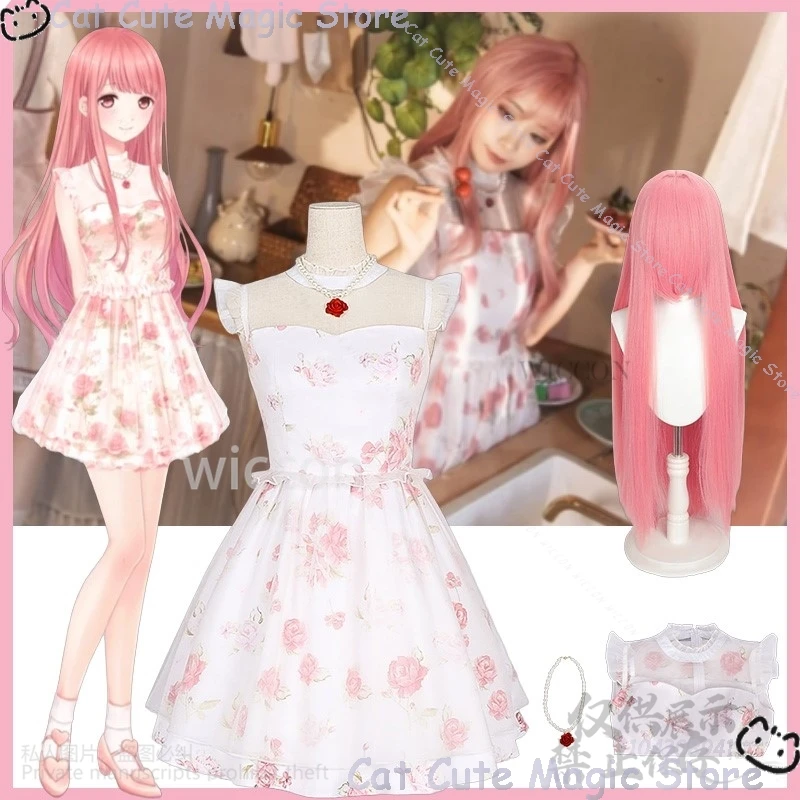 

Game Nikki Cosplay Floral Print Mini Dress Sexy Lace Patchwork Suspender Tie Pink Lolita Jirai Kei Girl Wig Comic Con Customized