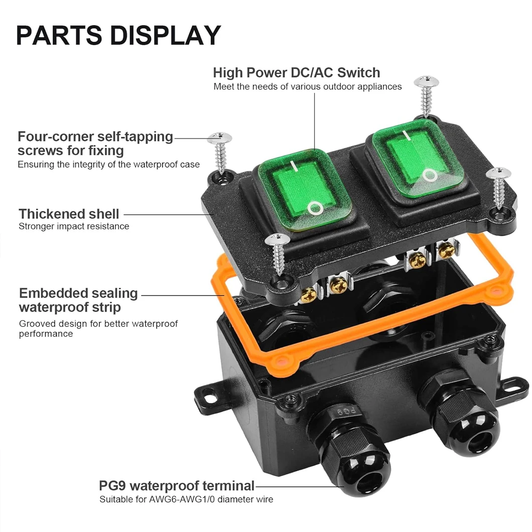 DPST التيار المتناوب/DC220V 20A/30A الروك مفتاح بـزر دفع صندوق IP66 على الخروج تبديل التبديل ضعف الجانب ثقب مزدوج KCD4 الروك التبديل صندوق #3