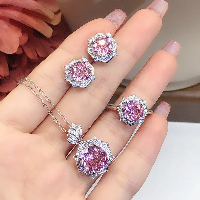Millennium Rose Cut - Octagonal Pink Zirconia Flower Pendant Necklace - Ring Earring Set - Women's Evening Jewelry
