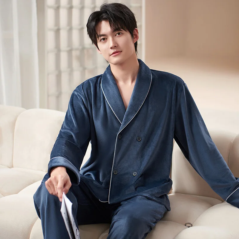 

Autumn Winter Pyjamas Male Warm Pajama Sets V-Neck Cardigan Japanese Kimonos For Men Thick Island Velvet Yukata Home Clothes