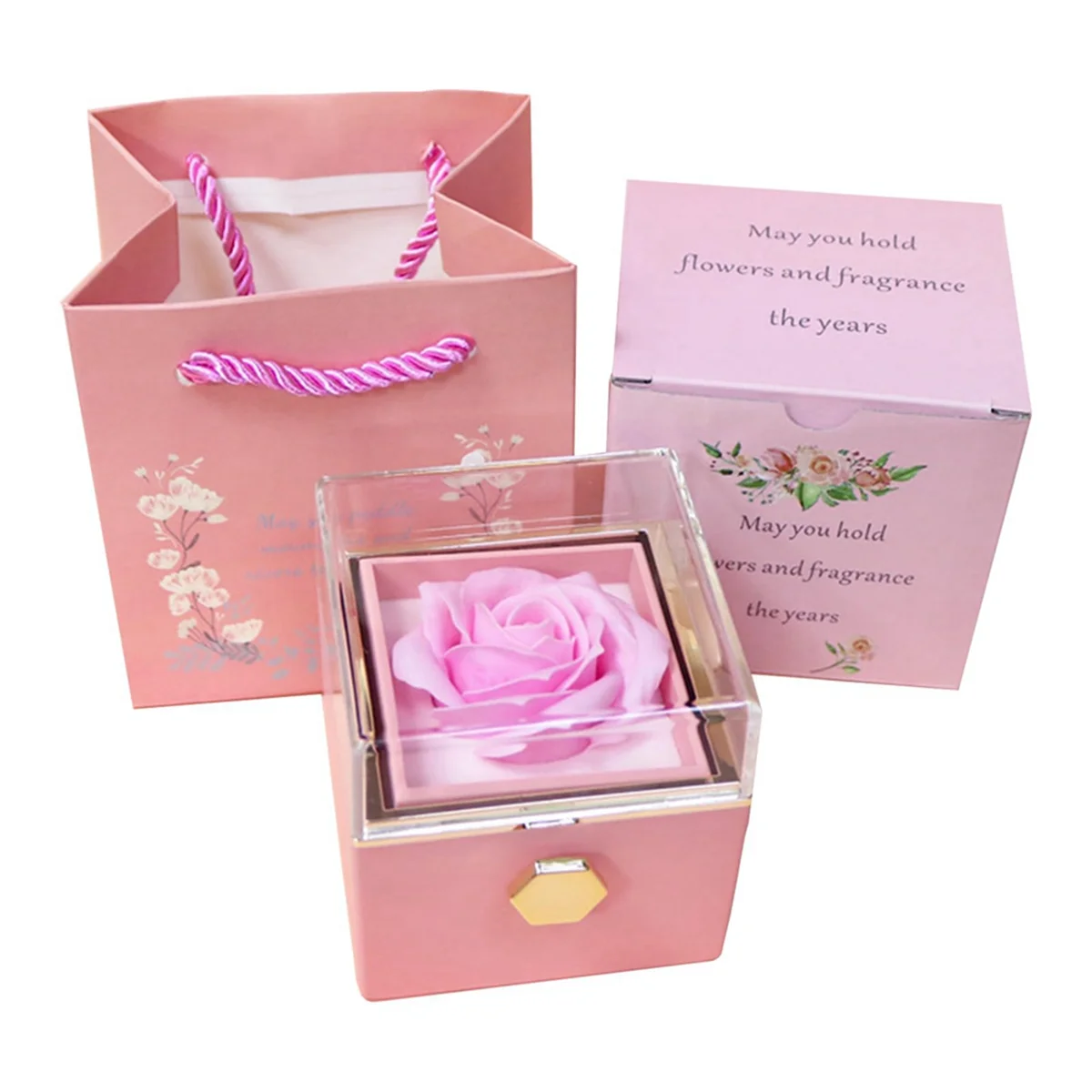 

BHTS Rose Ring Box Rotates 360° Velvet Jewelry Box Eternal Rose Box Valentine's Day Mother's Day for Romantic Gifts,Pink