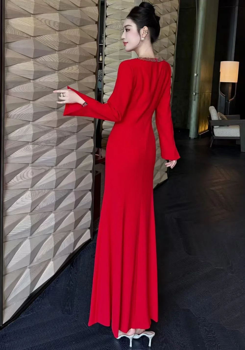 Vestido de noche largo 3XL 2XL 2025 Otoño Invierno mujer hecho a mano con cuentas plisado Patchwork manga larga rojo negro vestido Festival