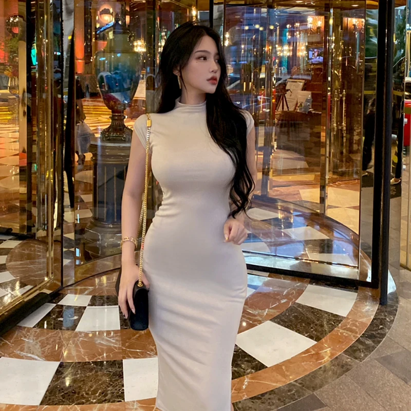 Korean Sle New Temperament Slim fit Slimming Sexy Sheath Side Slit Fene Half-high Collar Dress Women