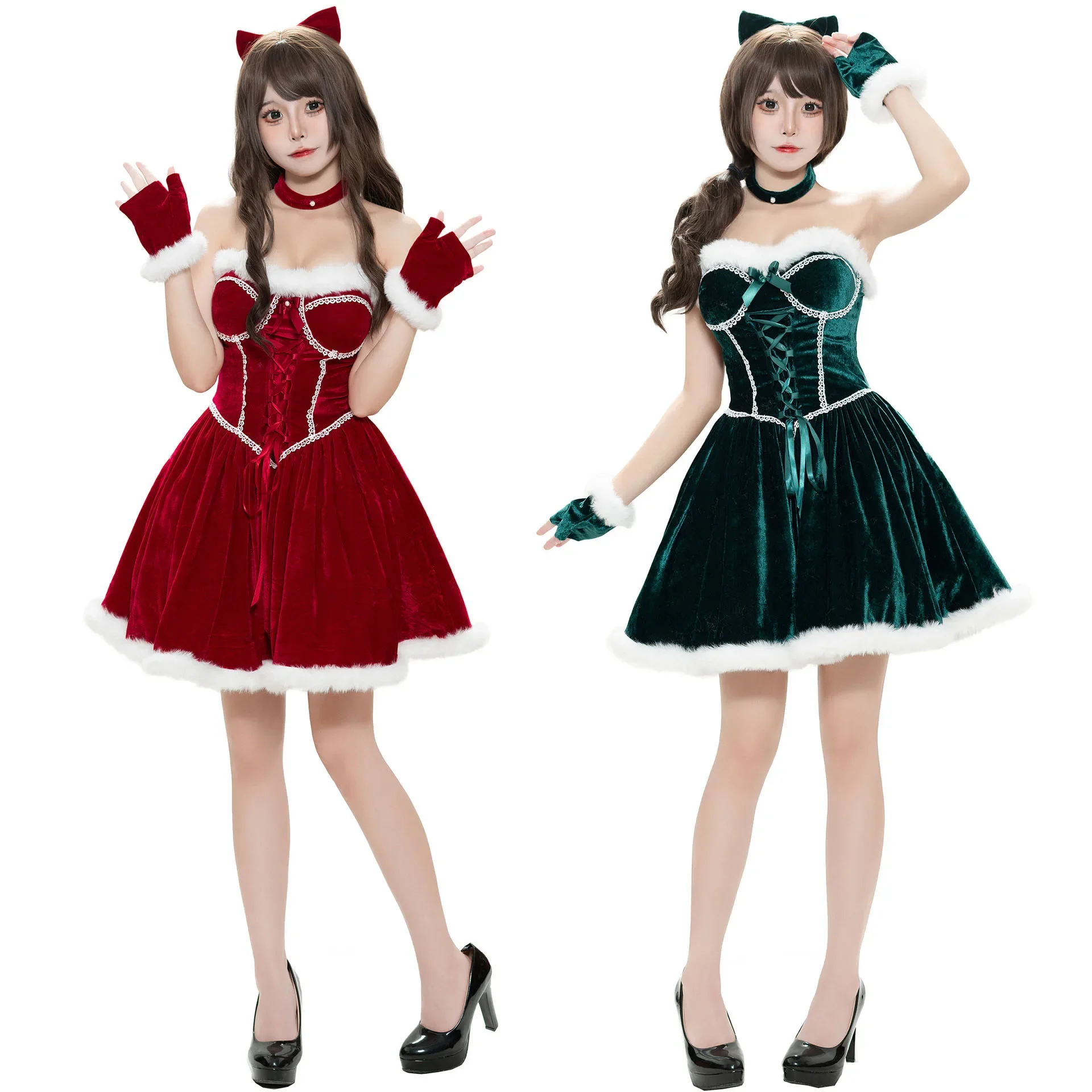 

Christmas Sexy Strapless Rhinestone Dress for Women 2023 Xmas Cosplay Costumes Off Shoulder Sleeveless Dress Bunny Girl Uniform