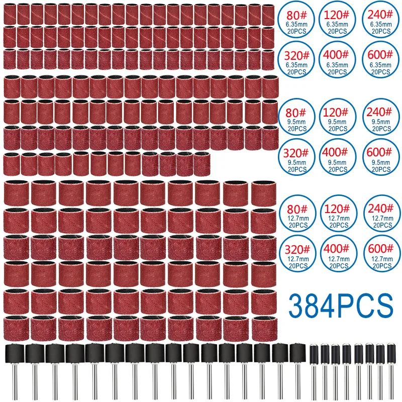 

384Pcs Sanding Band with Rod Kit 80# 120# 240# 320# 400# 600# Grit Sandpaper Roll For Rotary Tool Polishing Power Tool Parts