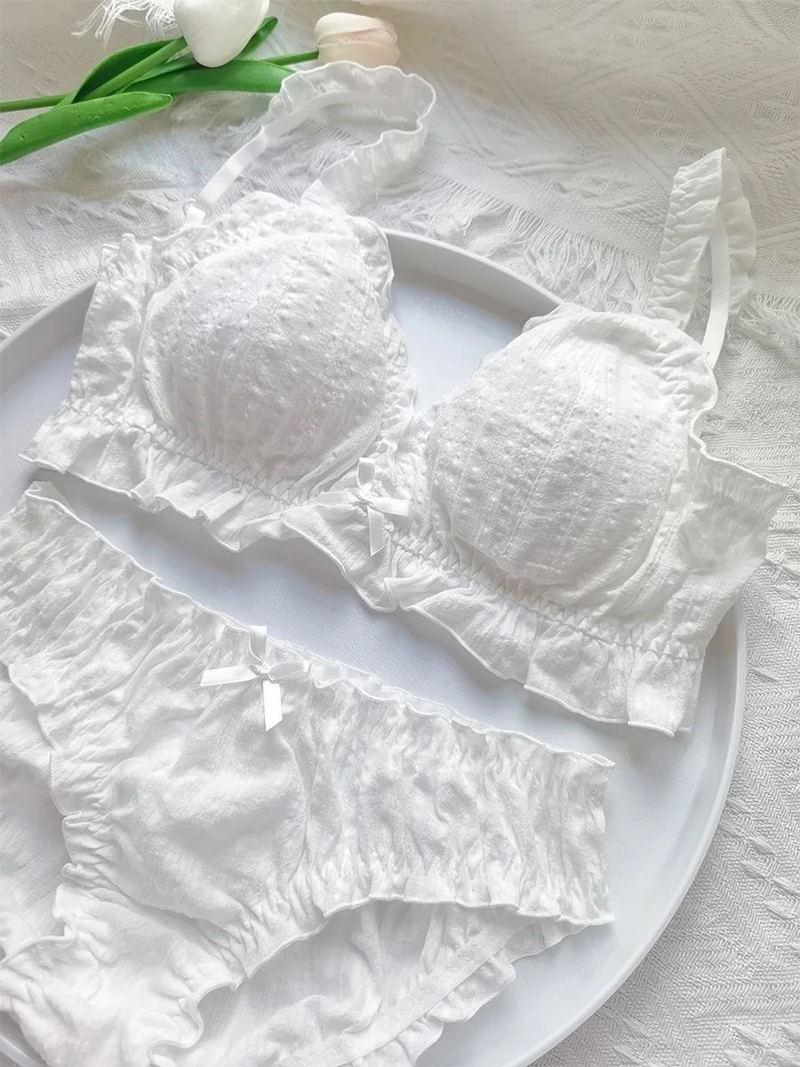 Japanese Korean Ladies Thin Cotton Ruffled White Bra Light Comfortable French Girly Sweet Princess Style Wire Free Underwear