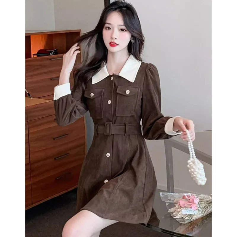 High-Grade Ladies Corduroy Maxi Dress Spring Autumn Women Color Collision Vestidos Retro Feminine Doll Collar Long Dresses