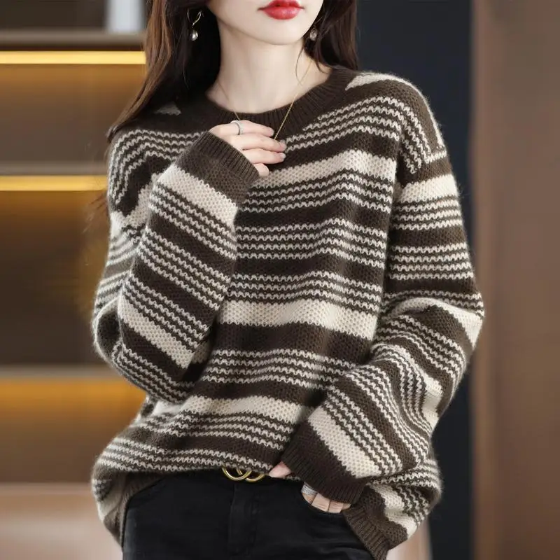 Street Casual Autumn Winter Long Sleeve Knitting Striped Loose Pullovers Top All-match Sweaters Vintage Fashion Women Clothing