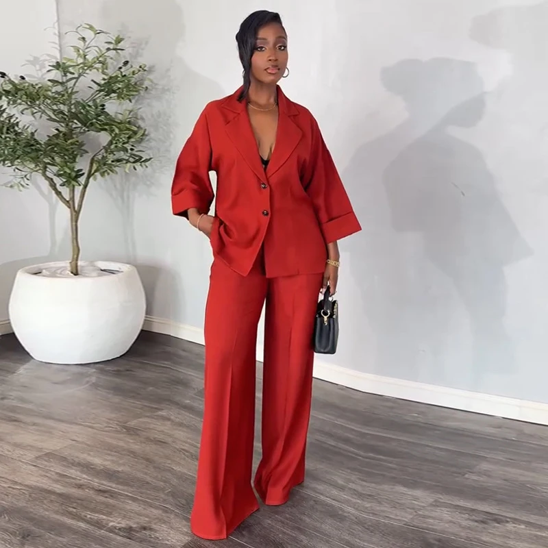 Red Women's 2 Piece Business Suit 2-Button Blazer Casual Office Work Outfits Elegant Pantsuit Set Customize