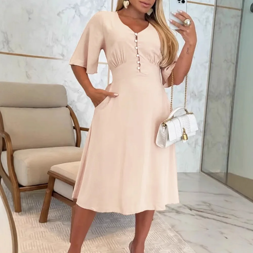 

Casual Evening Party Dresses V-Neck Flutter Sleeve Front Button Shirred Cinch Waist Flare Dress 2025 Elegant Dresses for Women