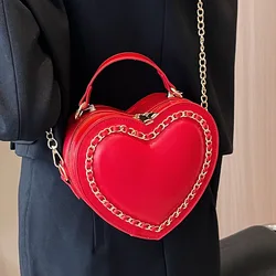 New Fashionable Heart Shaped Red Bag Summer Versatile Chain Crossbody Bag Female Autumn Solid Color PU Leather Zipper Handheld