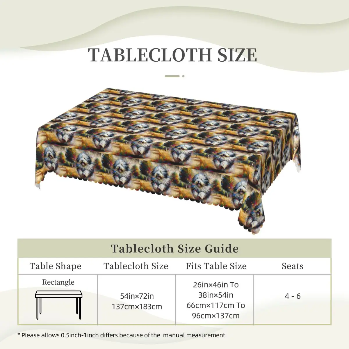 Old English Sheepdog Dog Portrait Acrylic Art Rectangular Tablecloth Oilproof Table Cover for Dining Events Table Cloth
