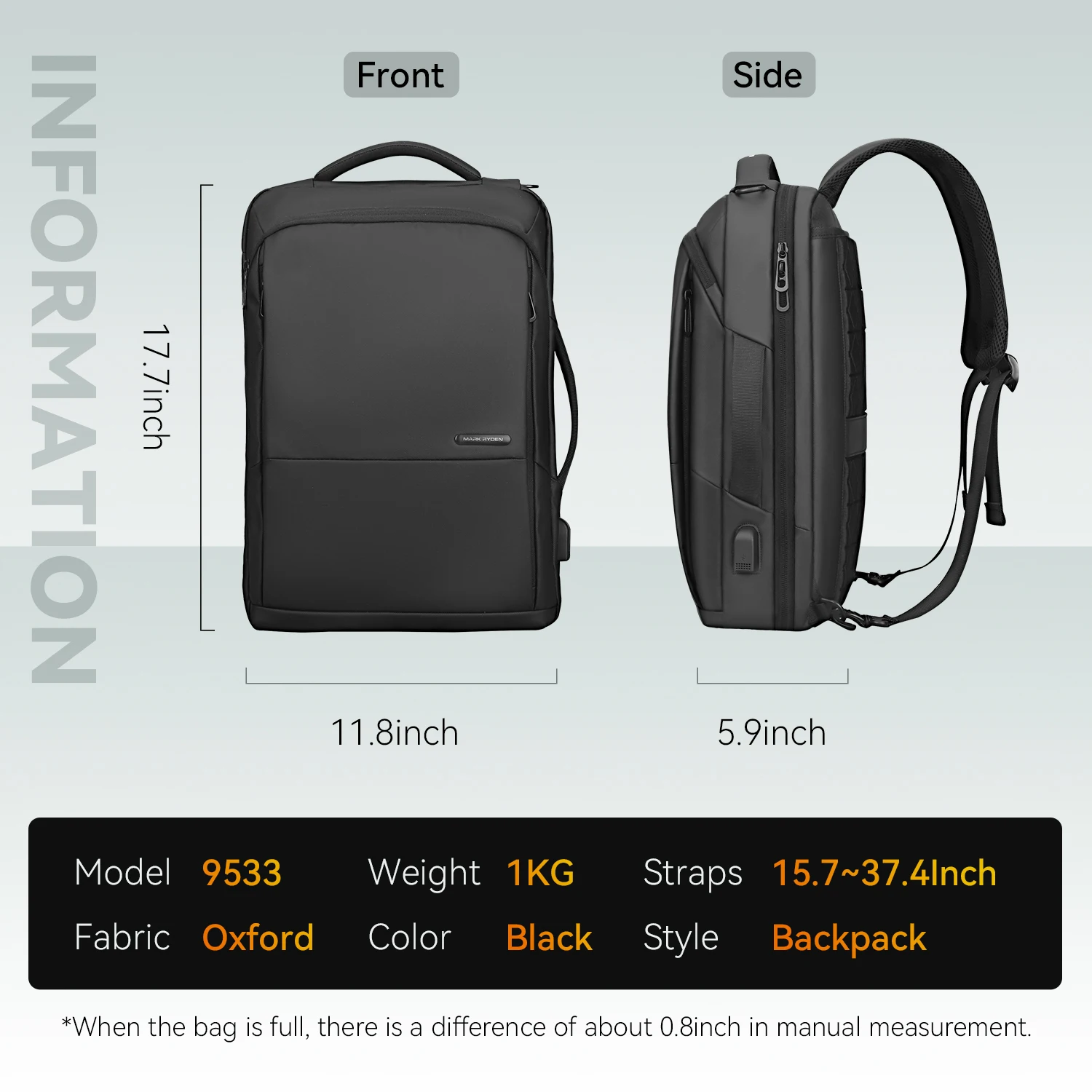 Mark Ryden 15.6 Inch Laptop Men Backpack Travel Backpacks with USB Charging Port School Backpacks Waterproof Bag for Men