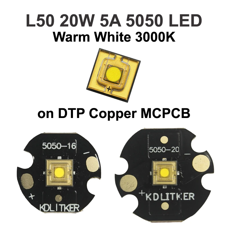 L50 20W 5A 1800 Lumens Warm White 3000K SMD 5050 LED Emitter on KDLITKER DTP Copper MCPCB Flashlight DIY High Power Bead