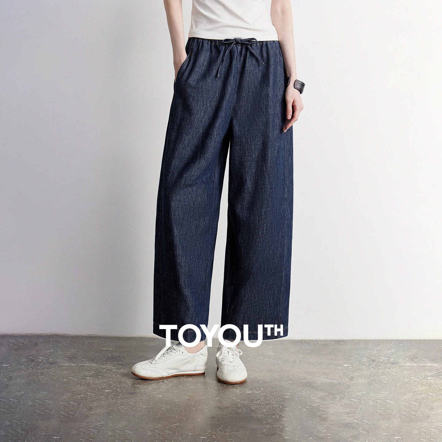 TOYOUTH Women Denim Jeans 2026 Summer New Elastic Waist Pear Shape Cotton Linen Curved Knife Ankle Length Pants