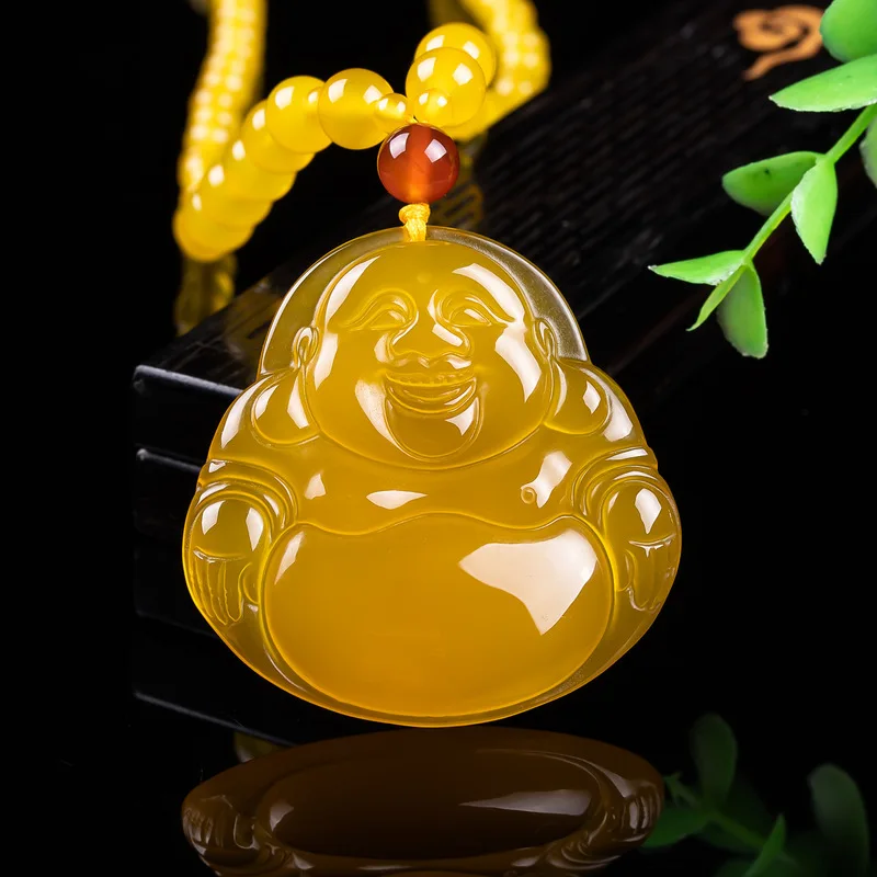 Full yellow chalcedony smiling Buddha pendant, clear even, three-dimensional carving, protective and auspicious jade accesso