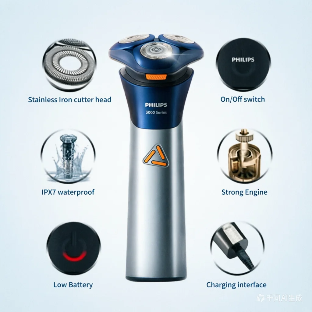 Philips Cyclone PRO Series 3 Electric Shaver 6D Floating Head IPX7 Waterproof USB-A Charging Gentle Shaving for Sensitive Skin