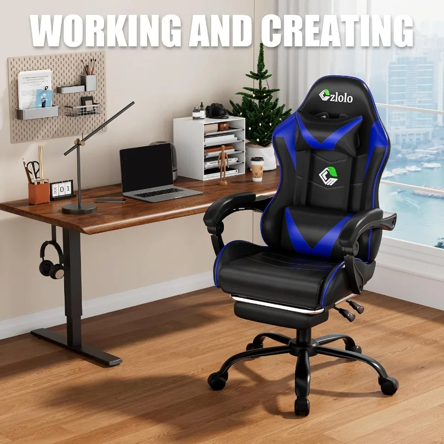 Gaming Chair with Footrest and Built-in Massager in Racing Style Design for Enhanced Lumbar Support High Back Reclining Office