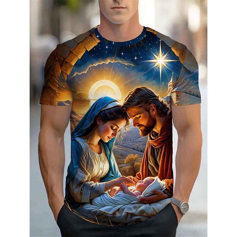 Easter Jesus Christ Pattern T-Shirt for Men Holy Mother and Son 3D Print Tees Summer Short Sleeve T-Shirts O-Neck Top Streetwear
