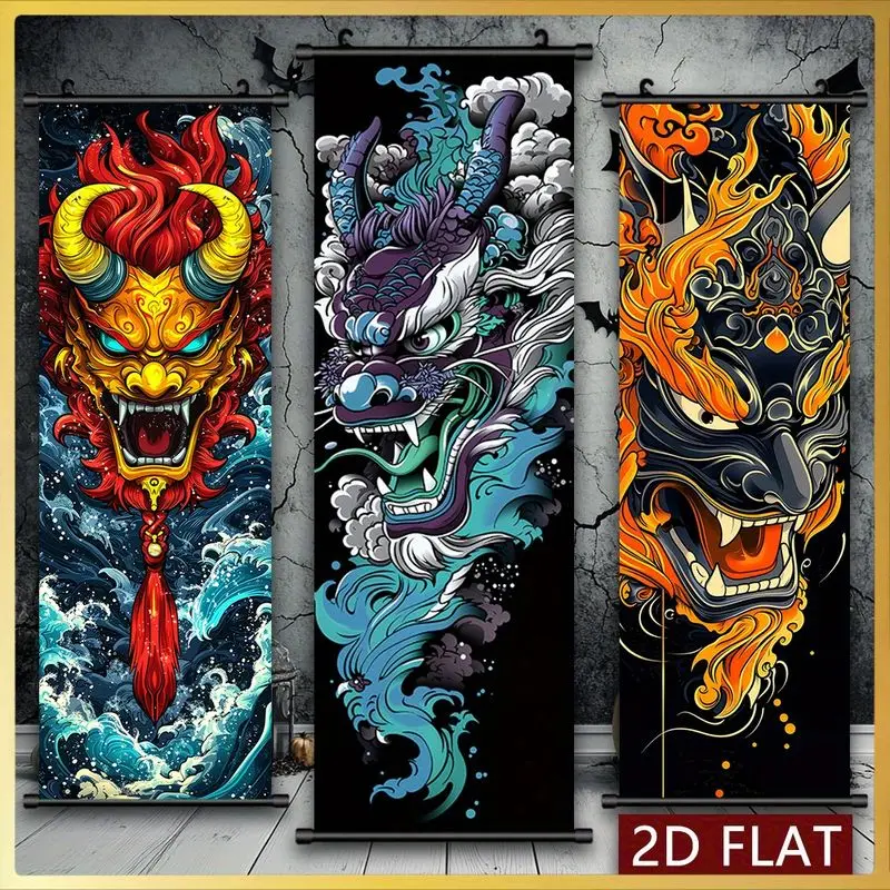 Dragon and Mythical Beast Scroll Tapestry, Vertical Wall Hanging with Eastern Mythological Totems, Home Decor Background
