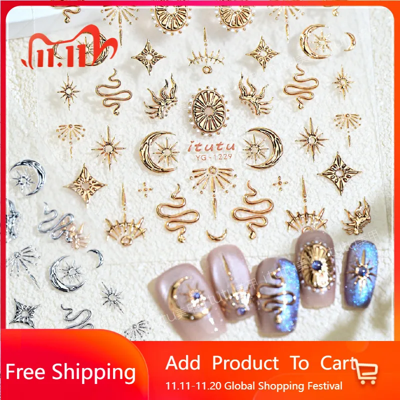 

Art Gold Silver Snake Stars Nail Sticker Water Decal Nail Sticker Press on Stars Moon Totem Decal Stickers Nail Decoration