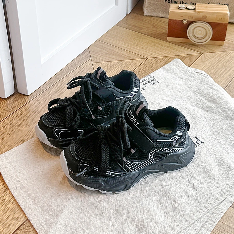 Kids Mesh Sports Shoes Non-slip Breathable Boys Girls School Chunky Sneakers Outdoor Daily Children Running Shoes Black Silver