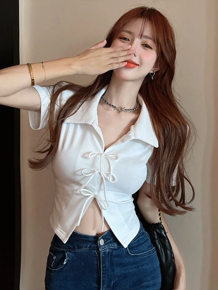 Korean Fashion Crop Tops Solid Color Short Sleeve Bow Forked Summer Female Slim T Shirts All Match Sweet 2024 Women's Clothing