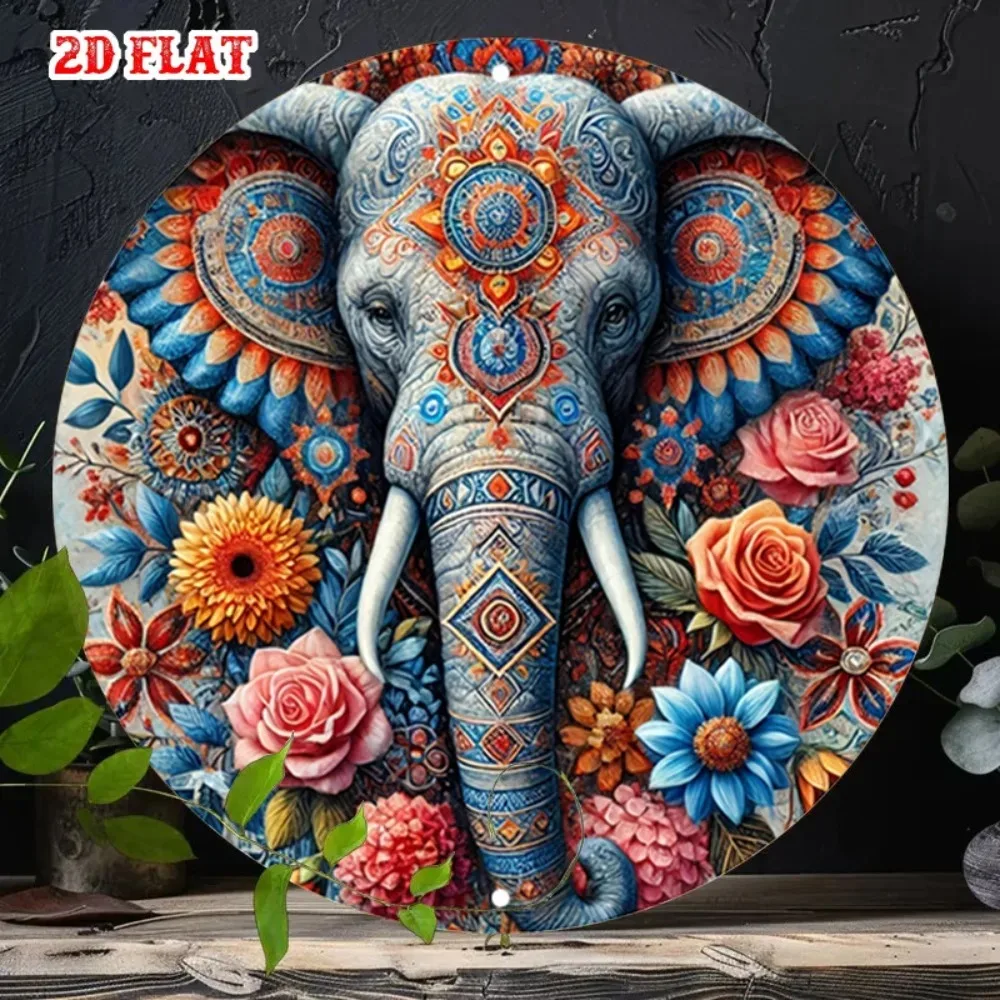 Vibrant Aluminum Round Wall Art Indian Mandala Elephant 2D Metal Sign Home Cafe Garage Decor