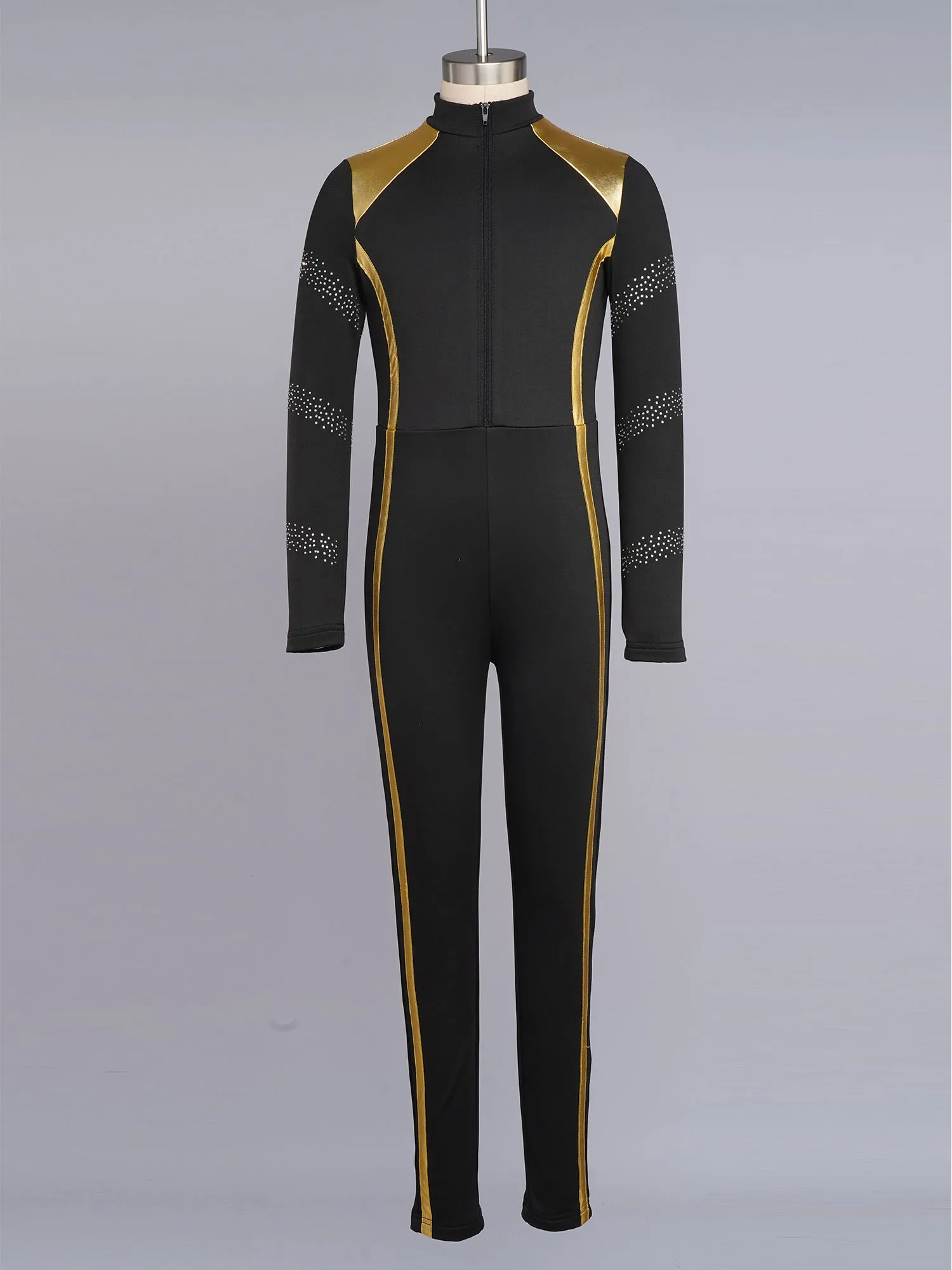 Kids Girls Rhinestones Figure Ice Skating Performance Costume Long Sleeve Zip-Up Jumpsuit Gymnastics Workout Training Bodysuit