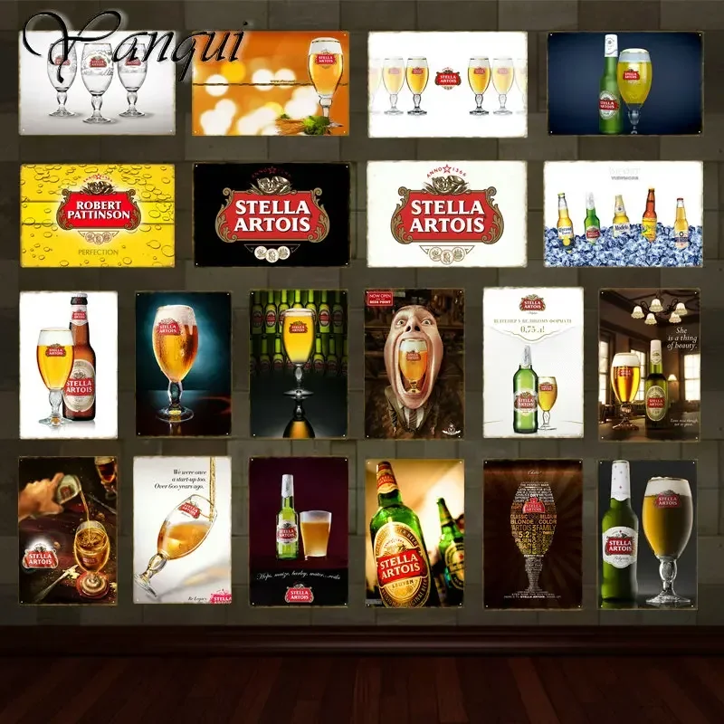 High Definition Tin Sign Vintage Stella Artois Beer Retro Metal Wall Art Decor Set for Bar Pub Man Cave Garage Home Kitchen
