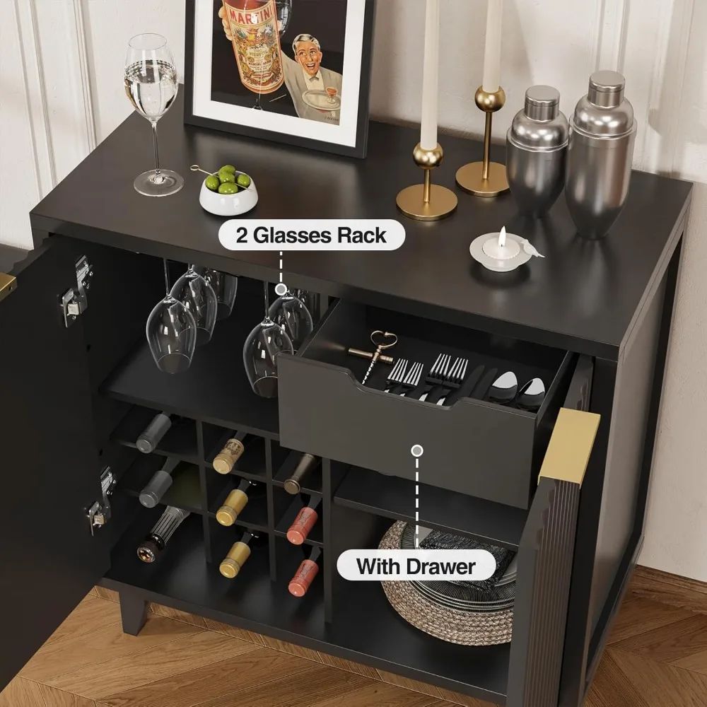 Fluted Coffee Bar Cabinet with Storage, Modern Sideboard Buffet Cabinet with Removable Wine Rack, Drawer, Adjustable Shelf