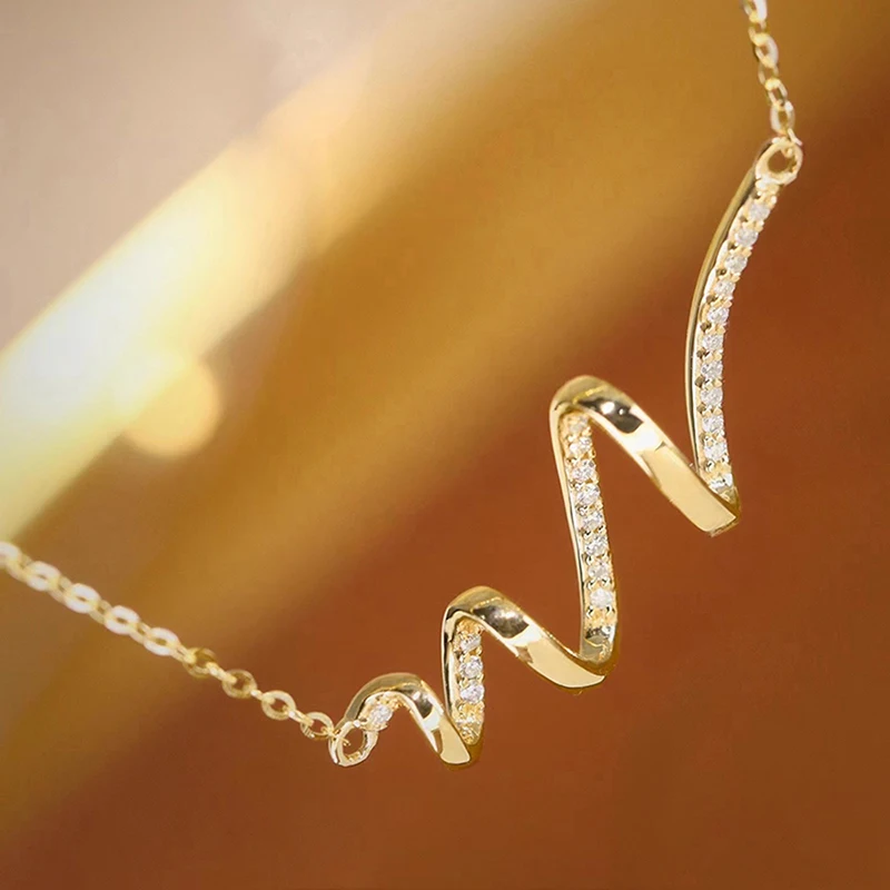 Huitan Trendy Wave Shaped Pendant Necklace Lady Engagement Accessories with Shiny Zirconia Chic Gold Color/Silver Color Jewelry