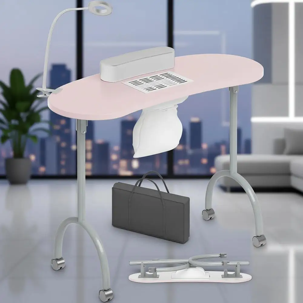 

Portable Manicure Table with Dust Collector, LED Light, Lockable Wheels, Carry Bag, and Wrist Cushion in Pink