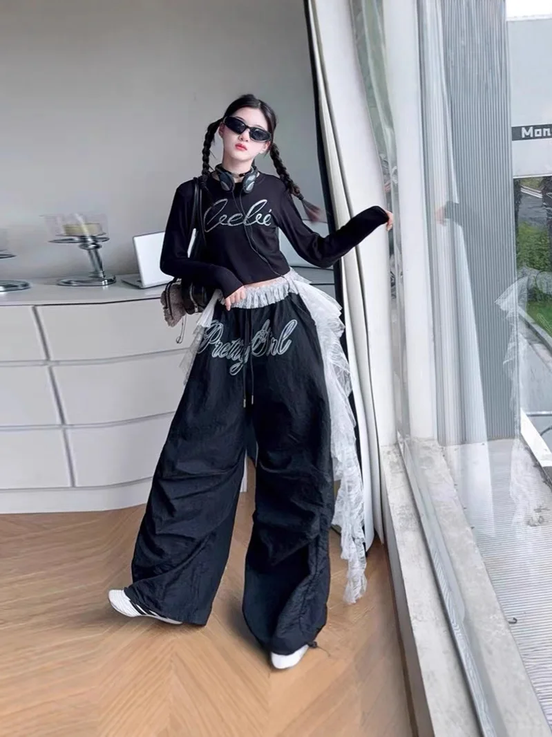 Teen Kid Girls Jazz Hip Hop Street Dance Clothes Irregular lace splice wide leg pants Shining T-shirt junior child sport outfits