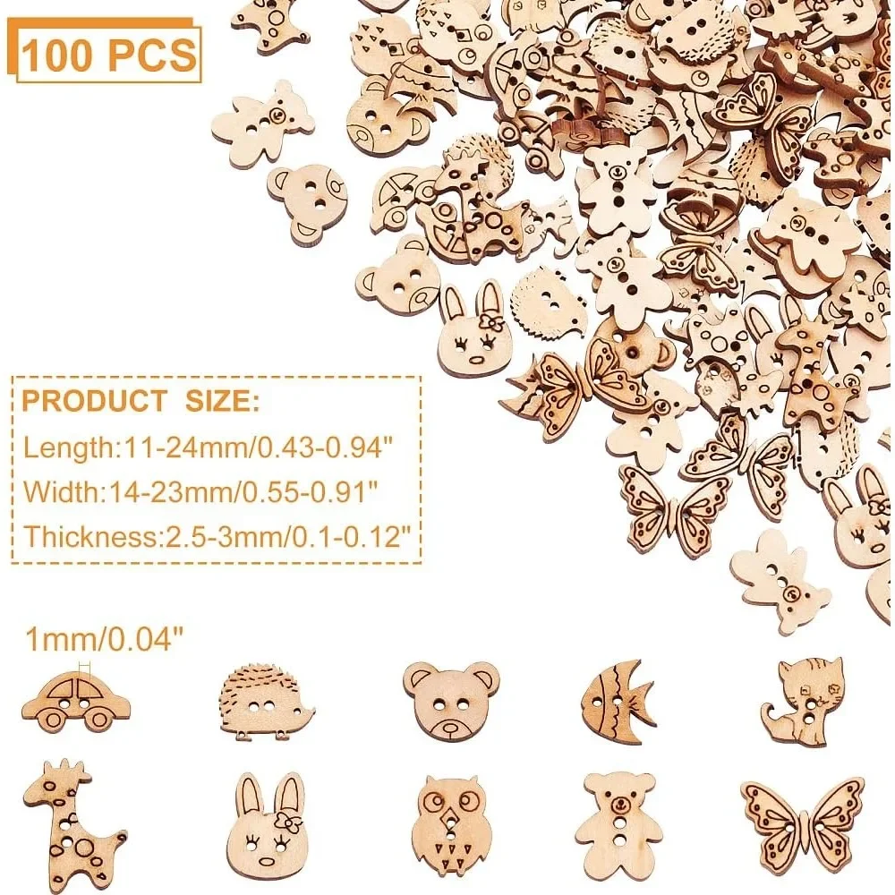 100 قطعة أزرار خياطة خشبية على شكل حيوان 2-فتحة أرنب فراشة الدب أزرار خياطة أزرار زخرفية خشبية غير مكتملة