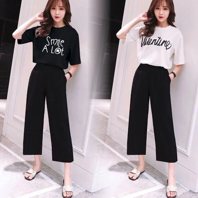 Fashionable T-Shirt And Wide Leg Pants Set for Girls Ages 13-18 Polyester Material Summer Collection Pure E-commerce Item