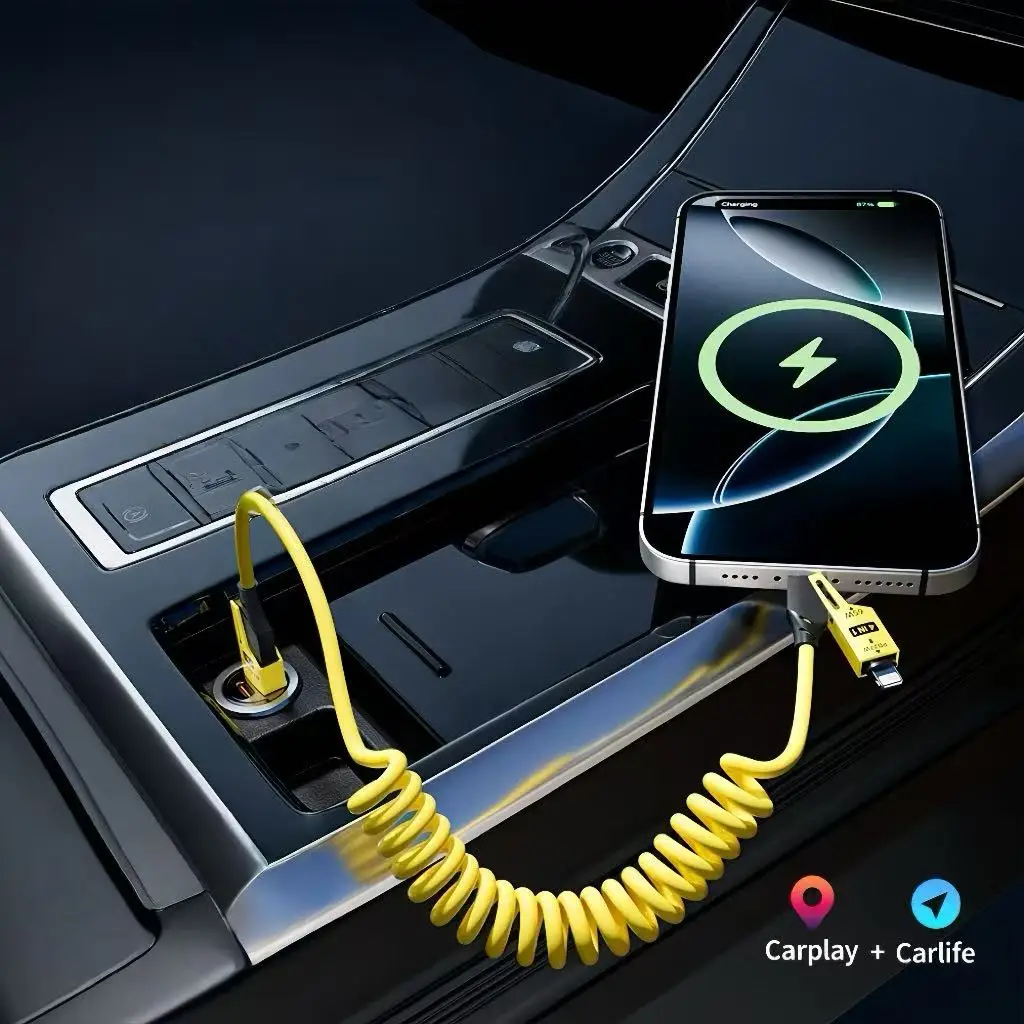 

4-в-1 65 Вт Кабель для передачи данных Зарядный кабель Автомобильный USB-пружина Не занимает места Подходит для телефонов IP телефонов Ноутбуки Планшеты Быстрая зарядка